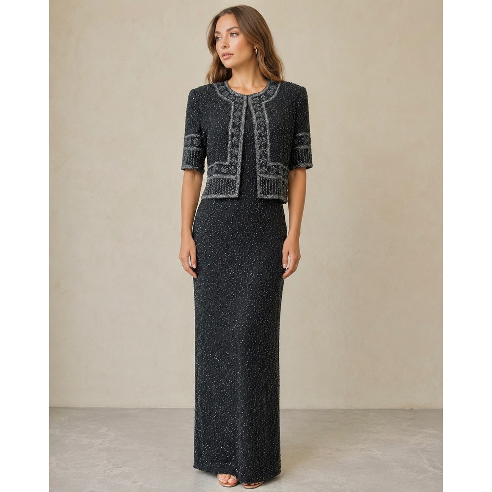 Laurence Kazar 90s Silk Beaded Black Silver Maxi Dress Bolero‎ Set Size Small